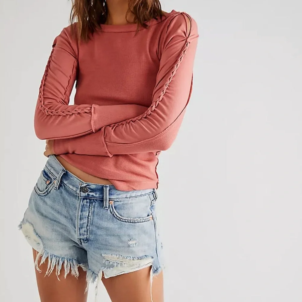 We the Free Daisy Ribbed Braided Cotton Braided long sleeve top sun sand - XS
